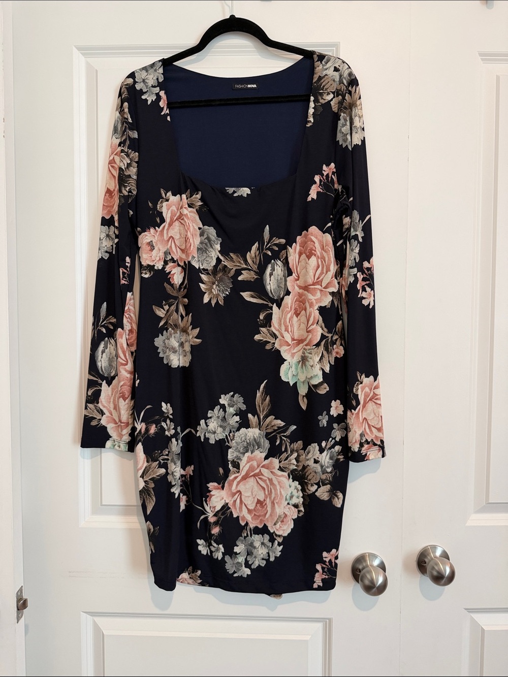 Fashion Nova Navy Floral Long Sleeve Square Neck Dress with Blush Roses